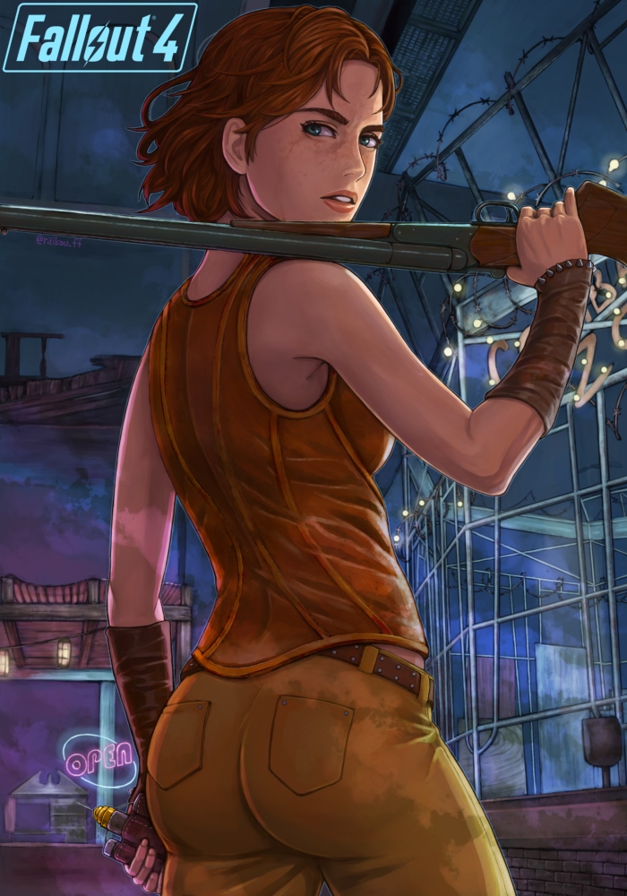 1girl, ass, barbed_wire, bare_shoulders, blue_eyes, breasts, cait_(fallout_4), fallout