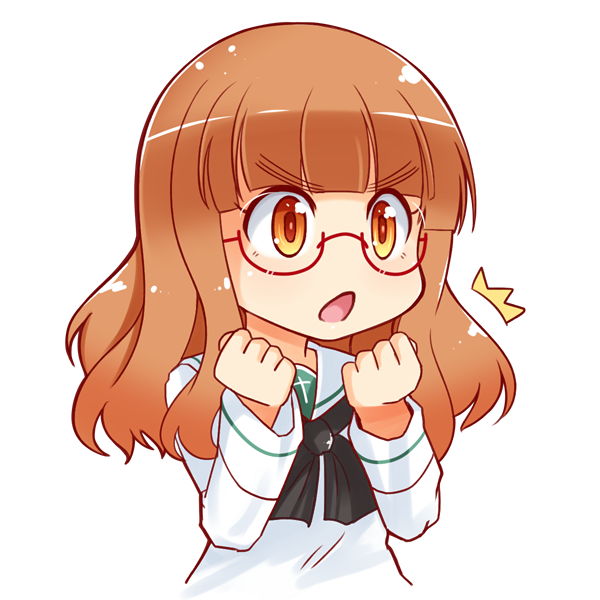 >:o, /\/\/\, 1girl, :o, bangs, blunt_bangs, clenched_hands, eyebrows, eyebrows_visible_through_hair, eyelashes, girls_und_panzer, glasses, kitayama_miuki, long_hair, no_nose, orange_eyes, orange_hair, school_uniform, semi-rimless_glasses, serafuku, solo, takebe_saori, under-rim_glasses, upper_body