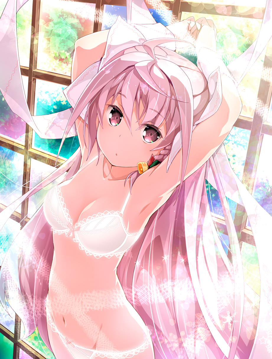 1girl, ahoge, akata_itsuki, alpha_(kokoro_rista), armpits, arms_up, bell, bow