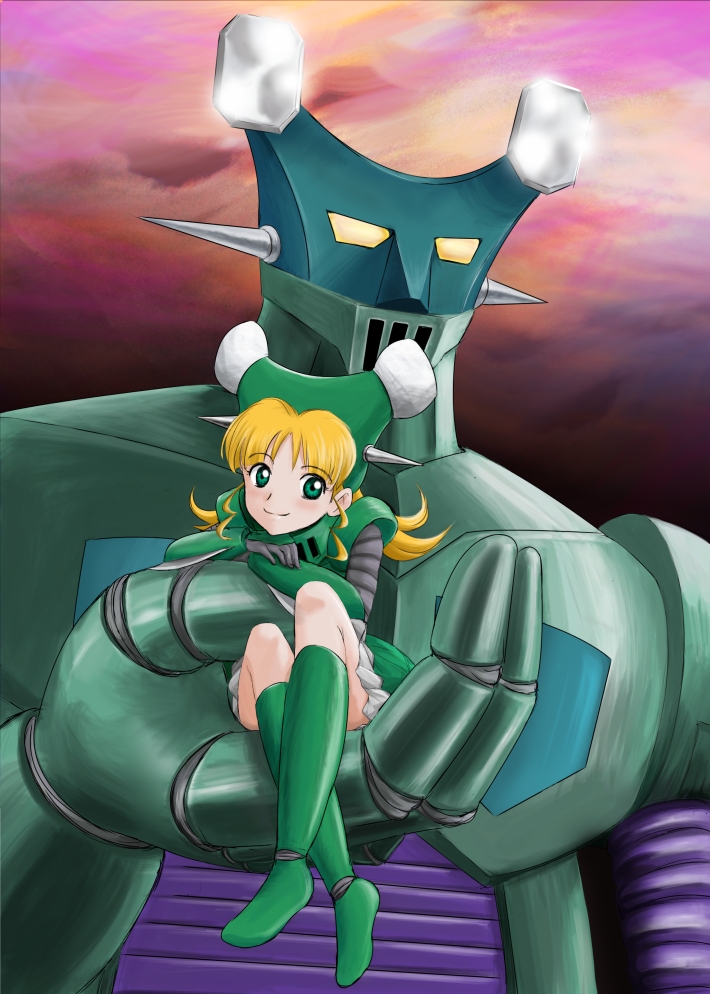 1girl, artist_request, gromazen_r9, gromazen_r9_(robot_girls_z), looking_at_viewer, mazinger_z, mecha, power_suit