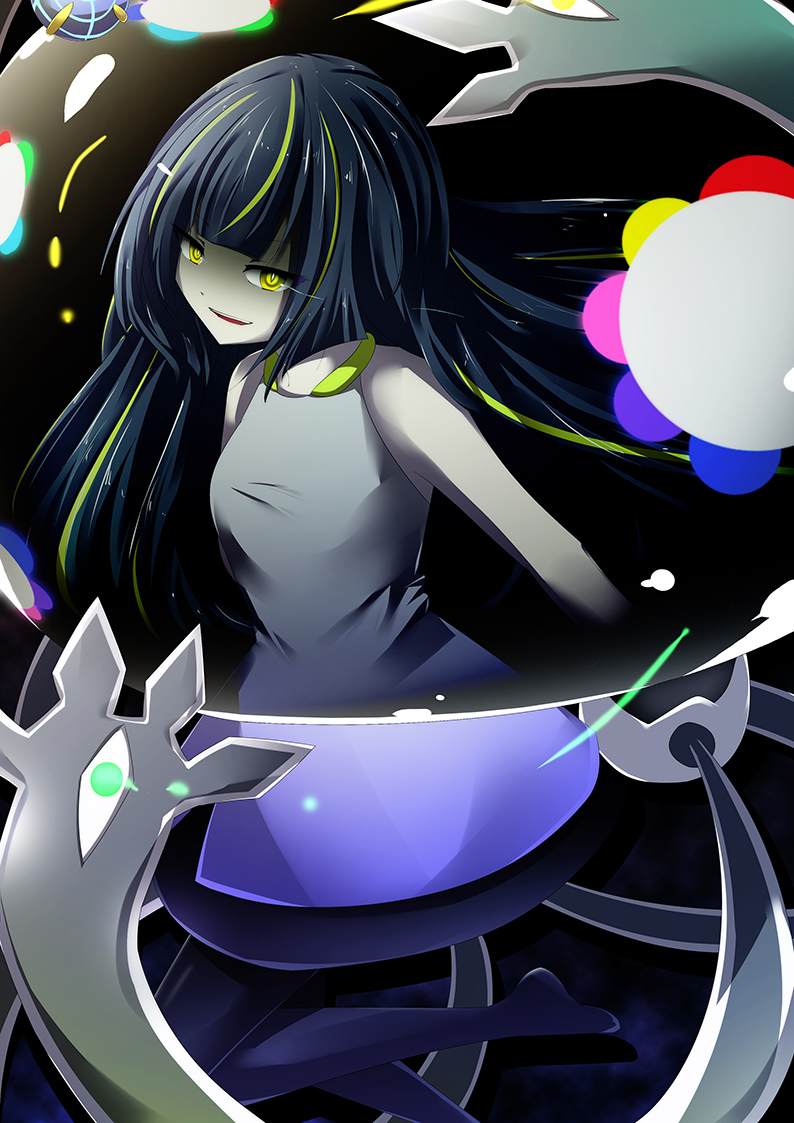 1girl, bangs, bare_arms, bare_shoulders, beast_ball, black_hair, bright_pupils, dress