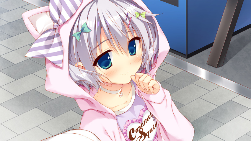 1girl, animal_hood, blush, bow, casual, cat_hood, clothes_writing, collarbone