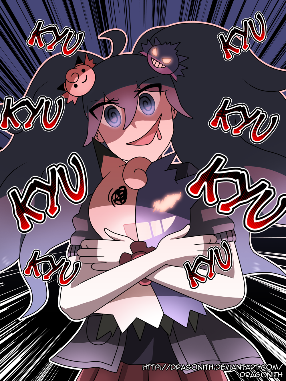 1girl, cleffa, cosplay, crossover, dangan_ronpa, english, enoshima_junko, enoshima_junko_(cosplay), gengar, hex_maniac_(pokemon), highres, mimikyu_(pokemon), monokuma, monokuma_(cosplay), pokemon, pokemon_(creature), pokemon_(game), pokemon_sm, pokemon_xy