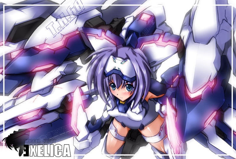 exelica, mecha_musume, nanairo_souga, purple_hair, school_swimsuit, short_hair, solo, souga_nanairo