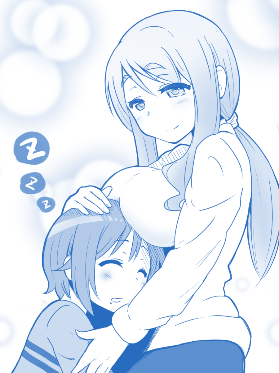 2girls, blue, blush, breast_rest, breasts, breasts_on_head, closed_eyes, closed_mouth, eyebrows, eyebrows_visible_through_hair, from_side, hair_between_eyes, hand_on_another's_head, highres, hirame_guard, large_breasts, long_hair, long_sleeves, matsumoto_yoriko, monochrome, multiple_girls, nonohara_yuzuko, ponytail, short_hair, sleeping, smile, sweater, thick_eyebrows, yuyushiki, zzz