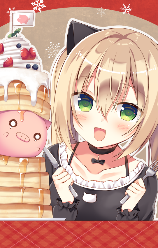 1girl, :d, animal, black_bow, black_shirt, blonde_hair, blueberry, bow, cat_print, choker, collarbone, eyebrows, eyebrows_visible_through_hair, food, fork, frilled_shirt, frilled_sleeves, frills, fruit, green_eyes, hair_between_eyes, holding, holding_fork, holding_knife, knife, long_sleeves, mini_flag, o_o, open_mouth, original, pancake, plate, sakura_yuzuna, shirt, smile, snowflakes, stack_of_pancakes, strawberry, syrup, teardrop, whipped