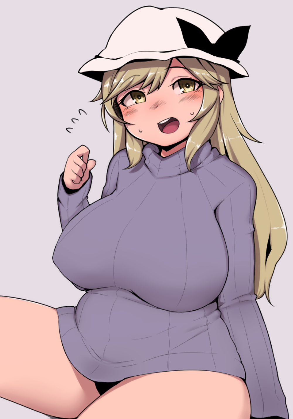 1girl, :d, black_panties, blonde_hair, blush, breasts, flying_sweatdrops, hat