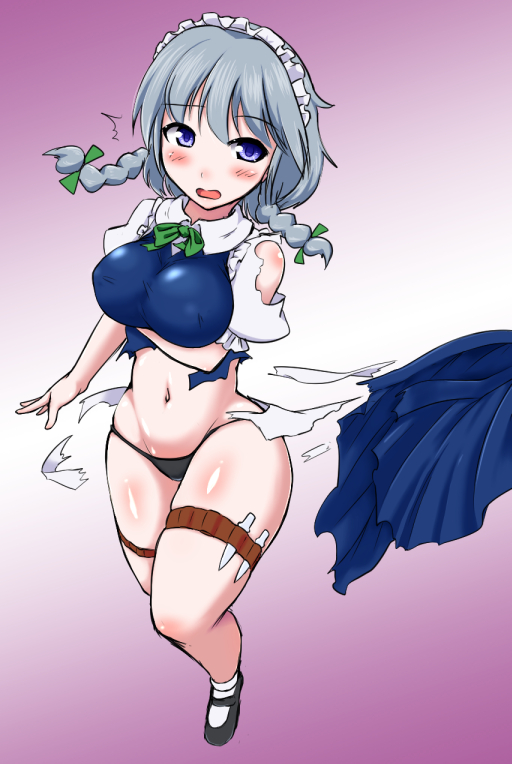 /\/\/\, 1girl, blue_eyes, blush, body_blush, braid, breasts, curvy, d:, grey_hair, izayoi_sakuya, knife, large_breasts, maid_headdress, mary_janes, navel, nisshisshi, open_mouth, panties, shirt, shoes, skirt, socks, solo, thick_thighs, thigh_strap, thighs, torn_clothes, torn_shirt, torn_skirt, touhou, twin_braids, wide_hips