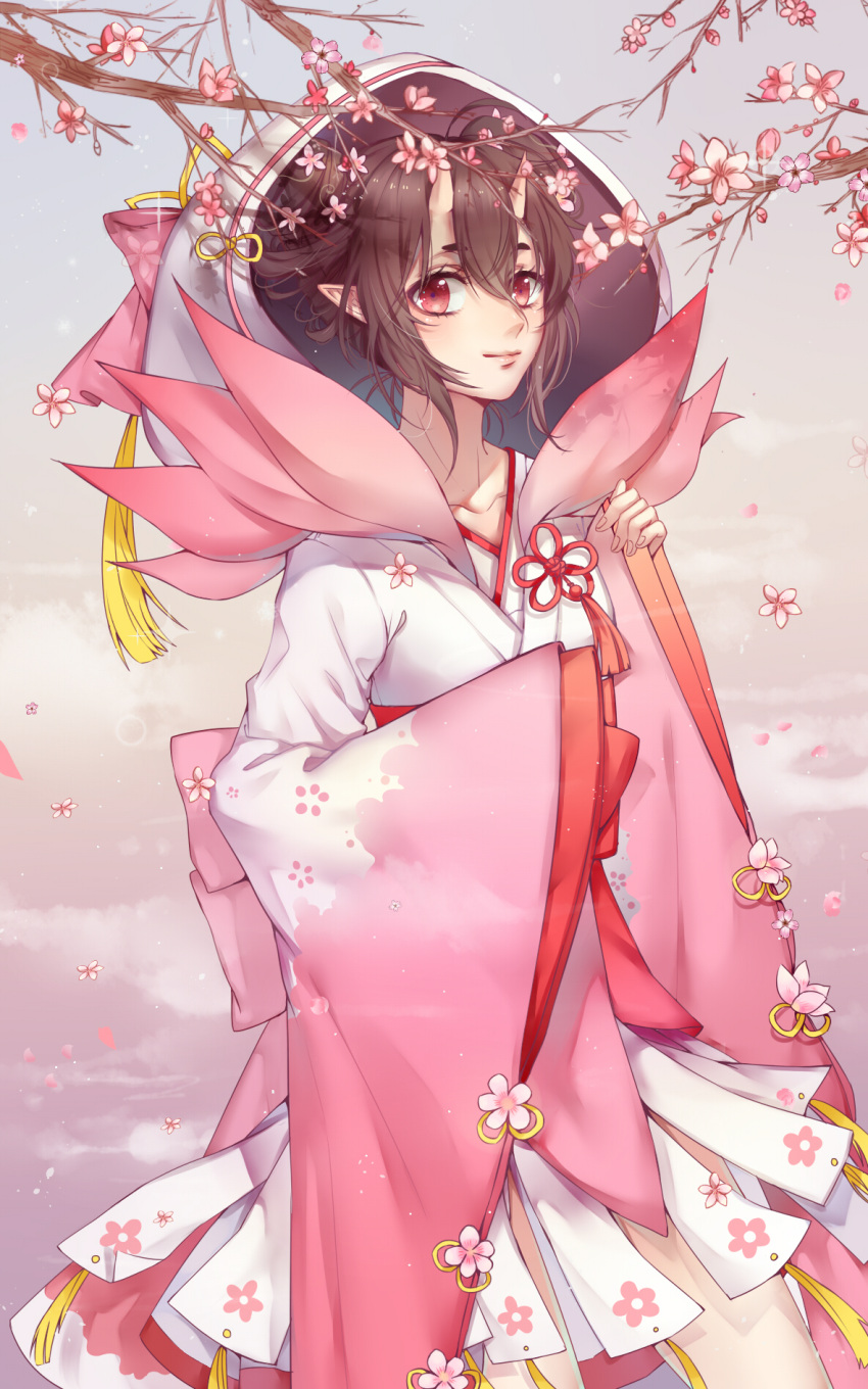 1girl, brown_hair, chinese_clothes, demon_girl, flower, hair_between_eyes, hair_flower, hair_ornament, highres, hood, long_sleeves, looking_at_viewer, obi, okubyou, oni, oni_horns, onmyoji, peach_blossom, petals, pink_flower, pointy_ears, red_eyes, sash, short_eyebrows, short_hair, smile, solo, tao_hua_yao, wide_sleeves