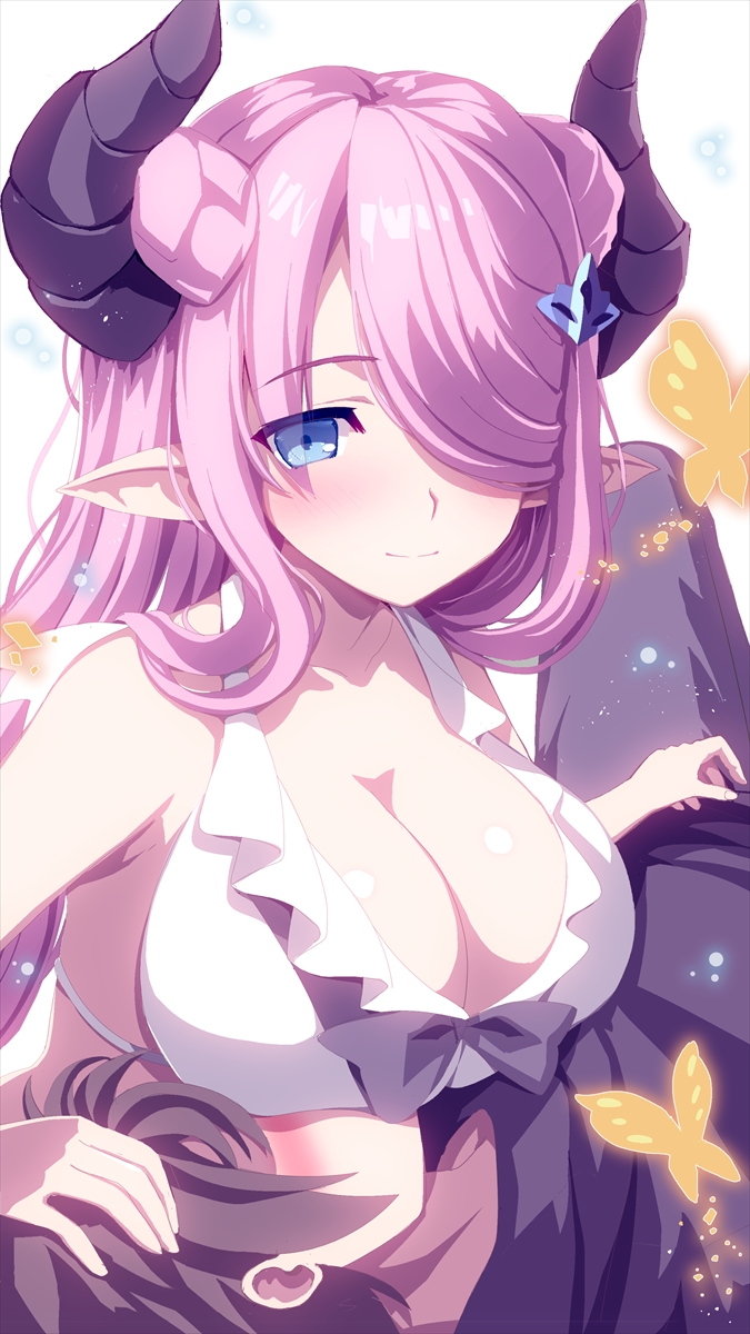 1boy, 1girl, bare_shoulders, bikini, black_hair, black_pants, blue_eyes, blurry, blush, breast_rest, breasts, breasts_on_head, butterfly, cleavage, closed_mouth, depth_of_field, doraf, eyebrows, eyebrows_visible_through_hair, eyes_visible_through_hair, glowing_butterfly, granblue_fantasy, hair_ornament, hair_over_one_eye, hairclip, hand_on_another's_head, highres, horns, knee_up, large_breasts, lavender_hair, light_particles, long_hair, looking_at_viewer, lying, narumeia_(granblue_fantasy), on_back, one_eye_covered, pants, pointy_ears, revision, smile, swimsuit, tranquillianusmajor, white_background, white_bikini