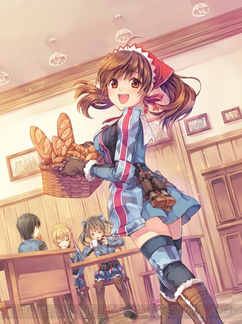 >_<, 4girls, alicia_melchiott, artist_request, black_hair, blonde_hair, blue_ribbon, bread