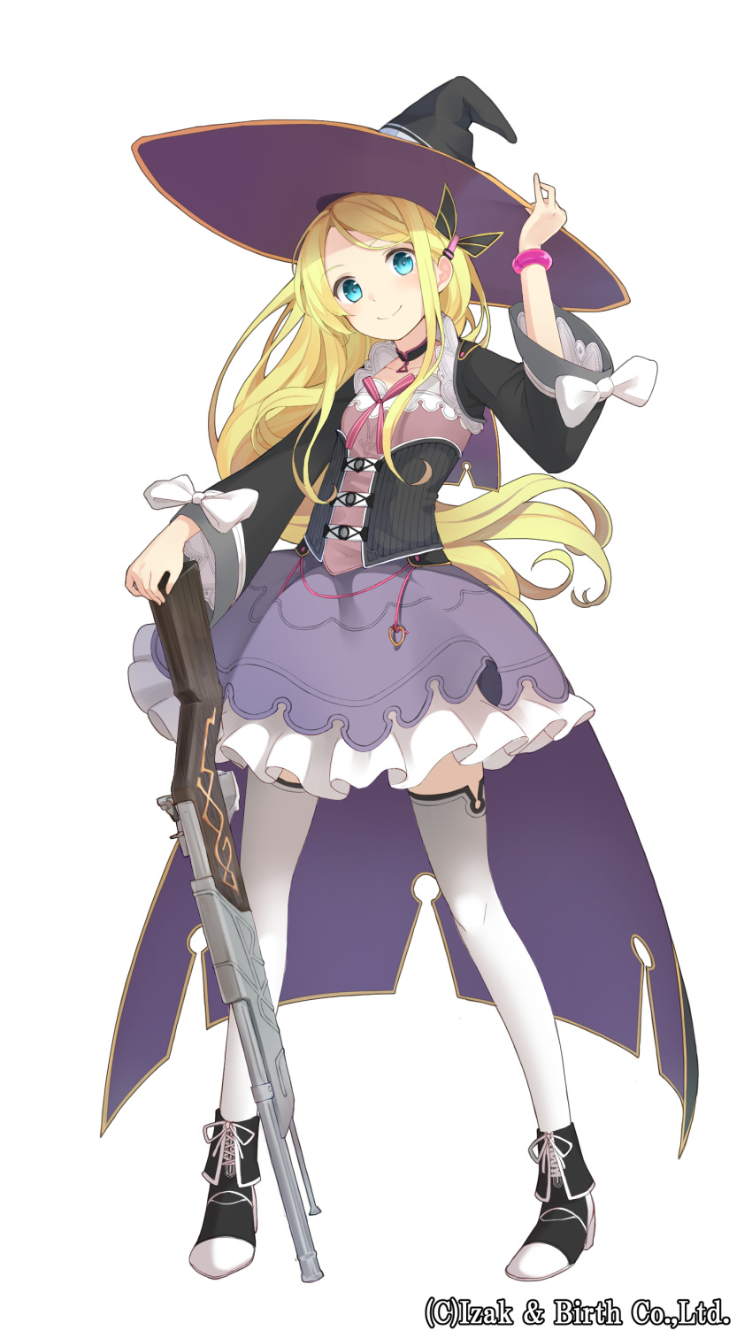 1girl, absurdres, adjusting_clothes, adjusting_hat, bangs, blonde_hair, blue_eyes, boots, bow, bracelet, choker, collarbone, corset, cropped_jacket, cross-laced_footwear, eyebrows, eyebrows_visible_through_hair, frilled_skirt, frills, full_body, gun, hair_ornament, hairclip, hat, high_heel_boots, high_heels, highres, jewelry, lace-up_boots, long_hair, long_sleeves, looking_at_viewer, max_melon_teitoku, original, parted_bangs, rifle, showgirl_skirt, simple_background, skirt, smile, solo, standing, thigh-highs, watermark, weapon, white_background, white_legwear, witch_hat, zettai_ryouiki