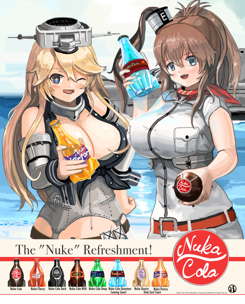 2girls, absurdres, bare_shoulders, blonde_hair, blue_eyes, blue_sky, bottle, breast_pocket