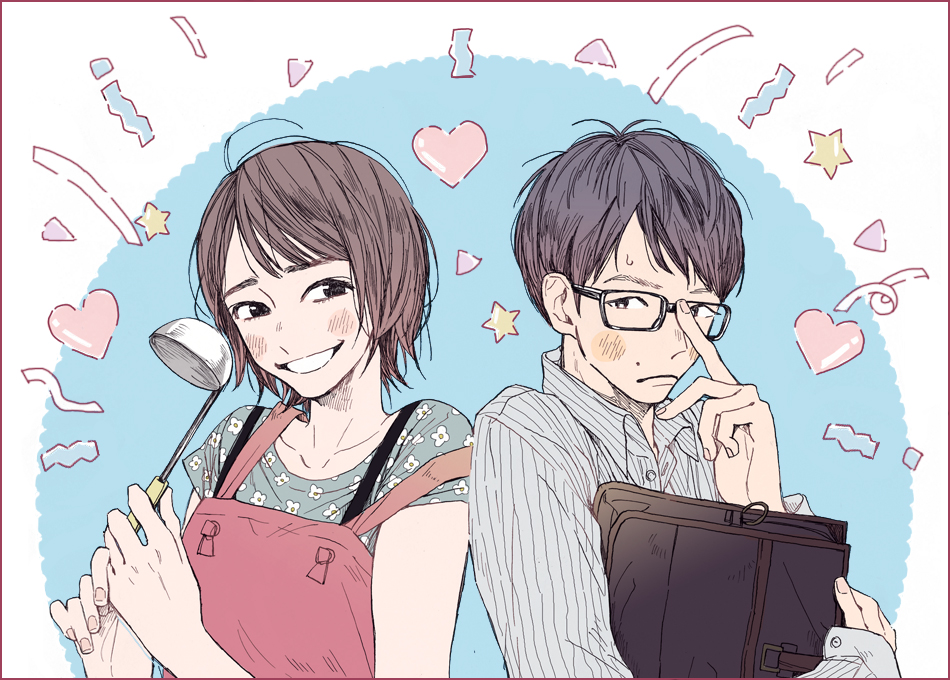 1boy, 1girl, apron, bangs, black_border, black_hair, blush, border