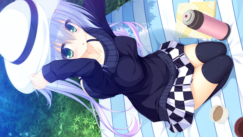 1girl, :o, arms_up, black_legwear, blush, bra_strap, collarbone, dutch_angle
