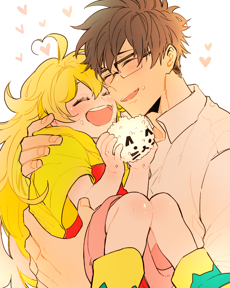 1boy, 1girl, amaama_to_inazuma, black_hair, blonde_hair, blush, brown_hair, closed_eyes