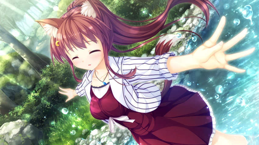 1girl, animal_ears, bangs, blunt_bangs, blush, closed_eyes, dress, dutch_angle