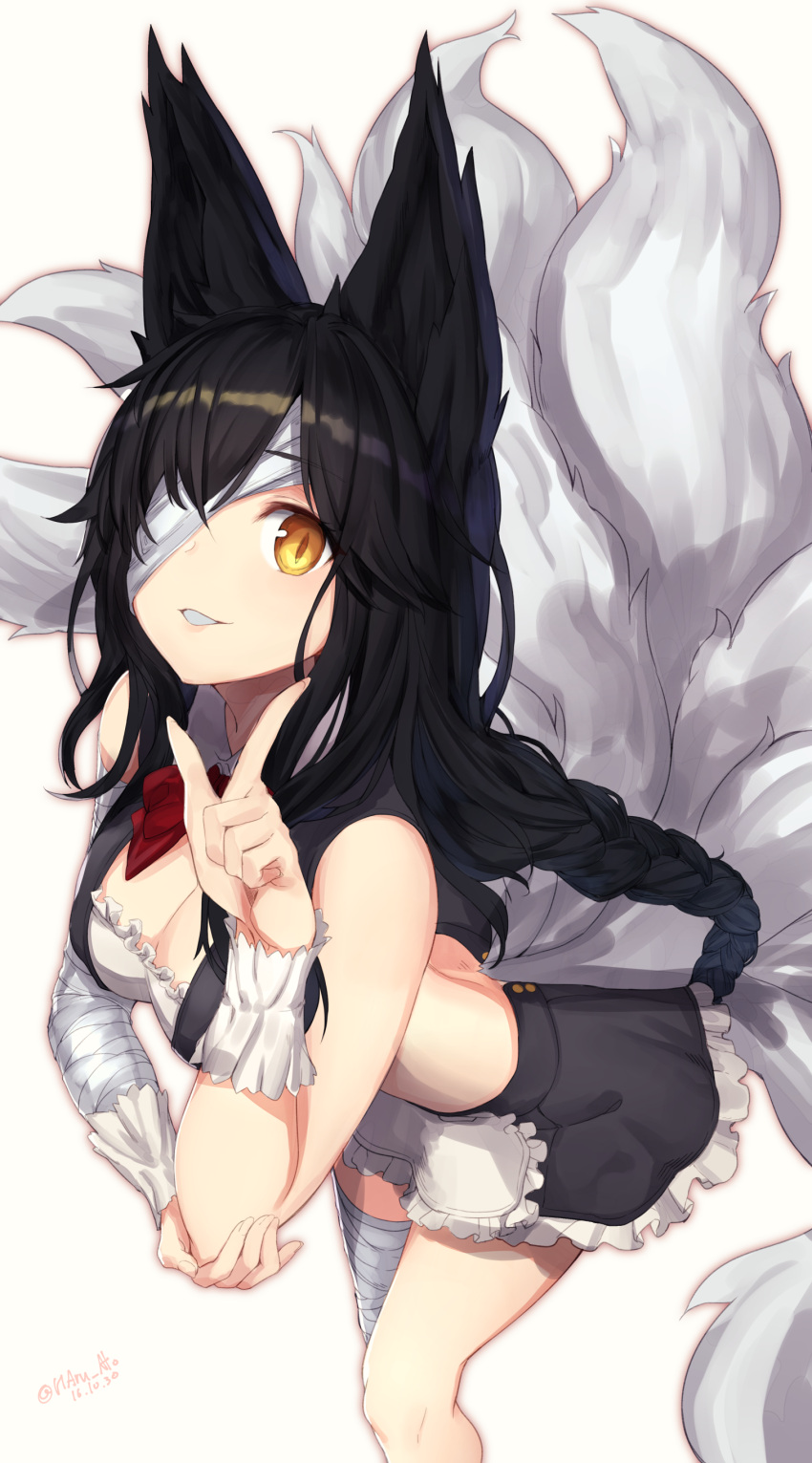 1girl, 2016, absurdres, ahri, animal_ears, apron, ato_(haru_ato), bandaged_arm, bandaged_head, bandaged_leg, black_hair, bow, bowtie, braid, breasts, cleavage, dated, fox_ears, fox_tail, frilled_apron, frilled_skirt, frills, highres, league_of_legends, leaning_forward, long_hair, looking_at_viewer, maid, medium_breasts, mismatched_armwear, mismatched_legwear, multiple_tails, one_eye_covered, parted_lips, red_bow, red_bowtie, simple_background, skirt, slit_pupils, solo, tail, teeth, twitter_username, white_background, yellow