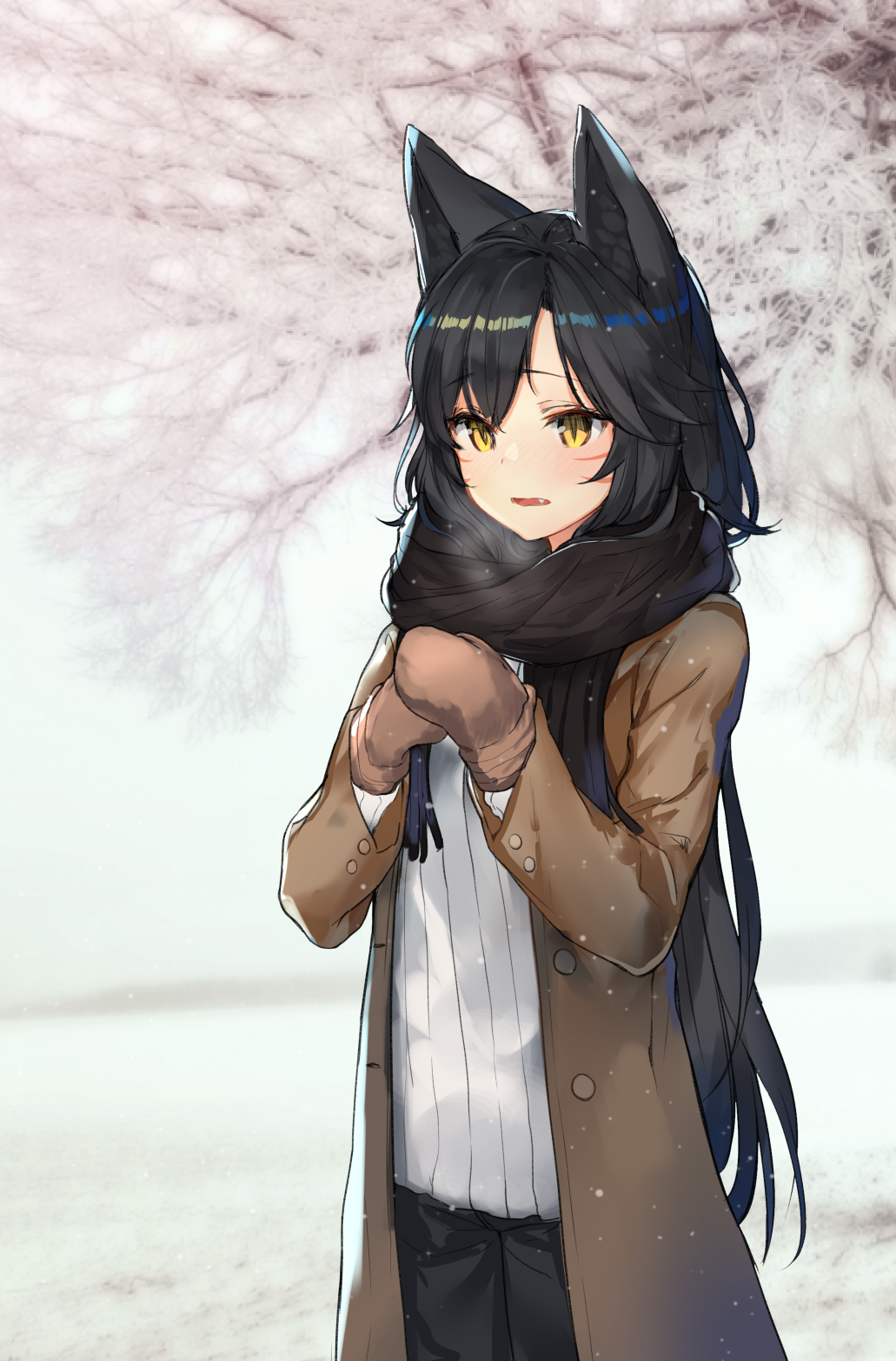 1girl, ahri, animal_ears, ato_(haru_ato), black_hair, brown_coat, buttons, coat, cowboy_shot, eyebrows, eyebrows_visible_through_hair, facial_mark, fang, hands_together, highres, league_of_legends, long_hair, mittens, open_clothes, open_coat, outdoors, pants, parted_lips, scarf, shirt, slit_pupils, solo, tree_branch, white_shirt, yellow_eyes