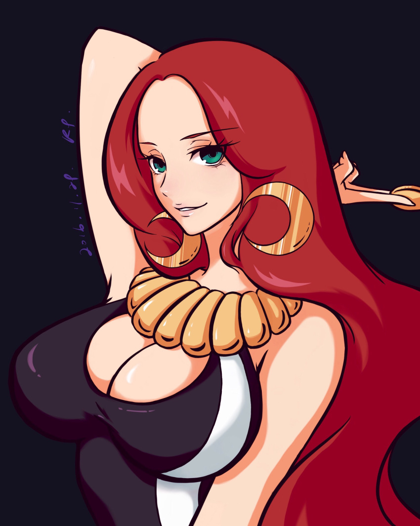 1girl, absurdres, artist_name, baccarat_(one_piece), blue_background, breasts, cleavage, coin