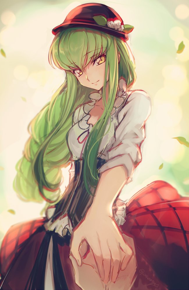 1girl, braid, breasts, c.c., code_geass, cosplay, creayus, green_hair