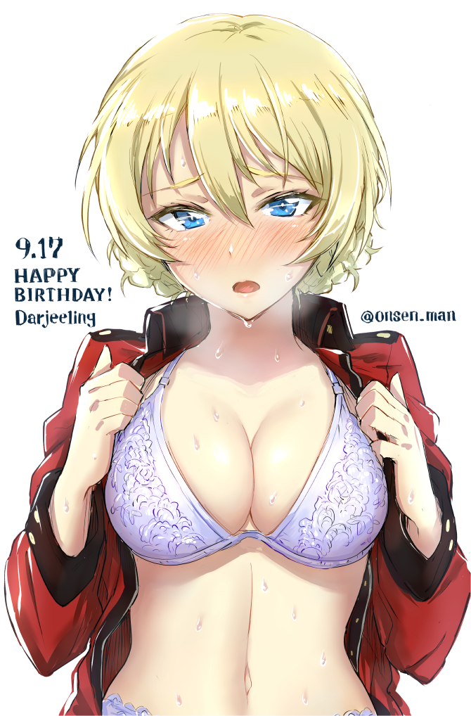 1girl, blonde_hair, blue_eyes, blush, bra, braid, breasts, character_name