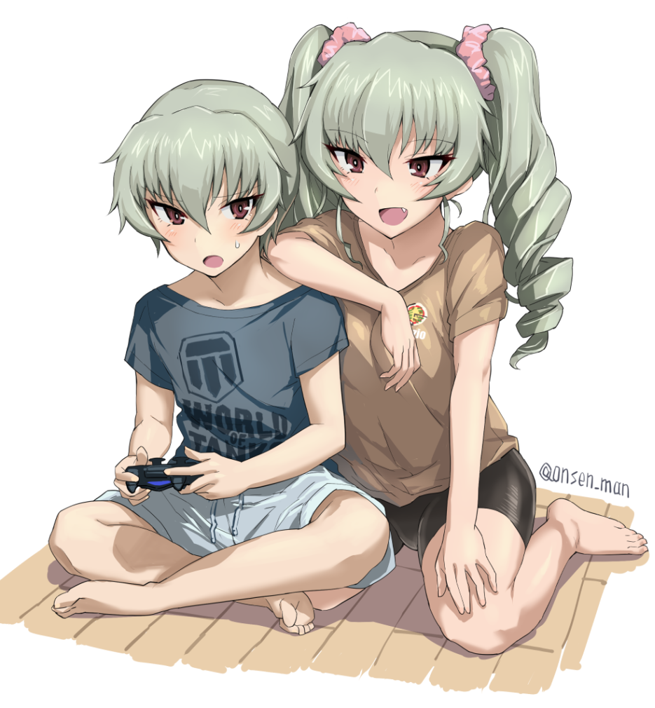 1boy, 1girl, alternate_costume, anchovy, barefoot, bike_shorts, brother_and_sister, casual, clothes_writing, controller, copyright_name, drill_hair, dualshock, fang, game_console, game_controller, gamepad, girls_und_panzer, green_hair, hair_ornament, hair_scrunchie, indian_style, long_hair, onsen_man, open_mouth, original, playstation, playstation_4, playstation_controller, red_eyes, scrunchie, shirt, short_hair, shorts, siblings, sitting, t-shirt, twin_drills, twintails, twitter_username, world_of_tanks