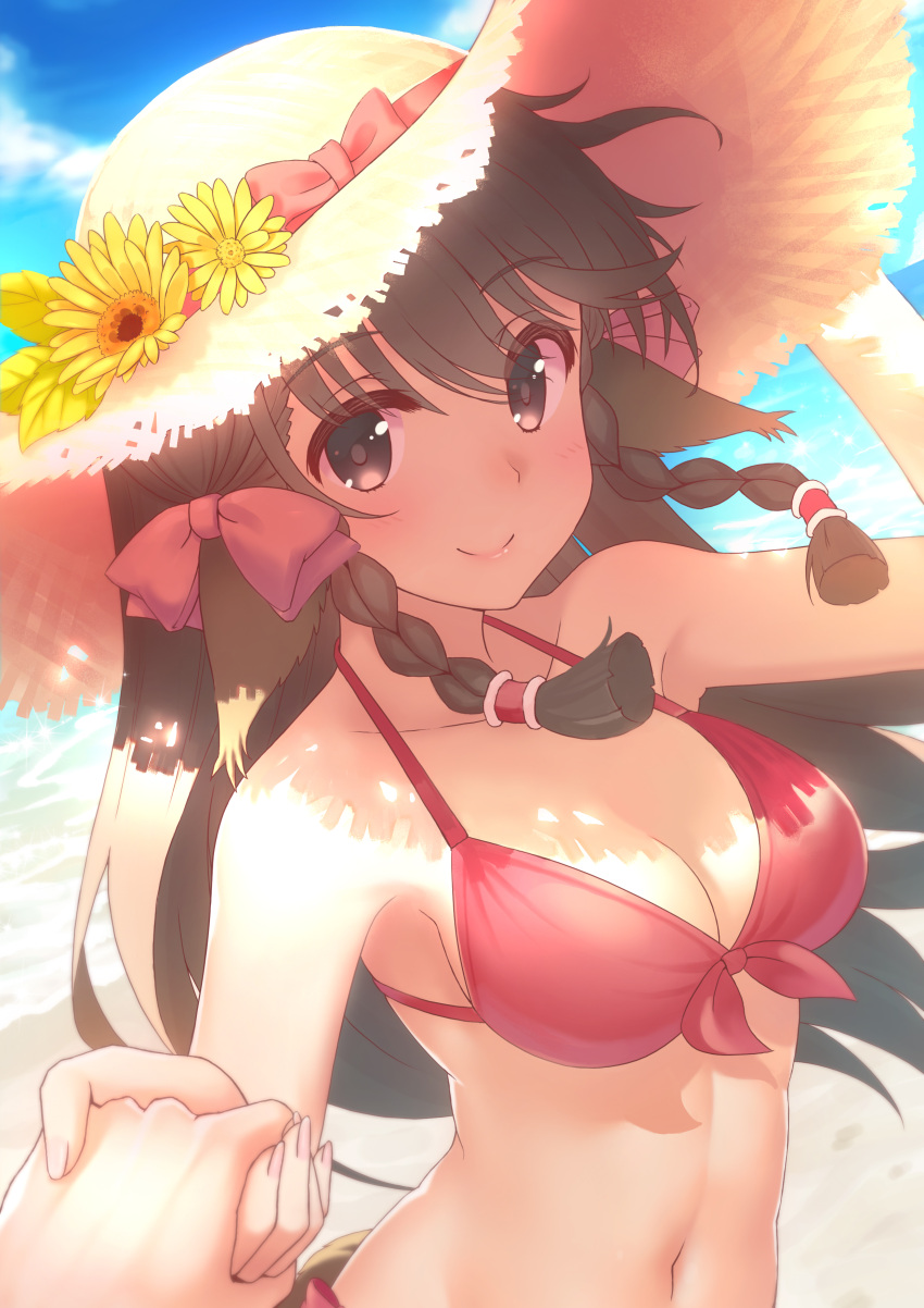1girl, absurdres, animal_ears, bangs, bare_arms, bare_shoulders, beach, bikini, blue_sky, bow, braid, breasts, brown_hair, cleavage, closed_mouth, clouds, collarbone, day, eyebrows, eyebrows_visible_through_hair, fingernails, flower, front-tie_bikini, front-tie_top, fukuro_ko_(greentea), hair_bow, hair_tubes, halter_top, halterneck, hand_holding, hand_on_headwear, hand_up, hat, hat_bow, hat_flower, hat_ribbon, highres, leaf, long_hair, looking_at_viewer, medium_breasts, navel, ocean, pov, pov_hands, red_bikini, red_bow, ribbon, rurutie_(utawareru_mono), sand, shade, sky, smile, solo_focus, stomach, straw_hat, swimsuit, tail, twin_braids, utawareru_mono, utawareru_mono:_itsuwari_no_kamen, yellow_flower