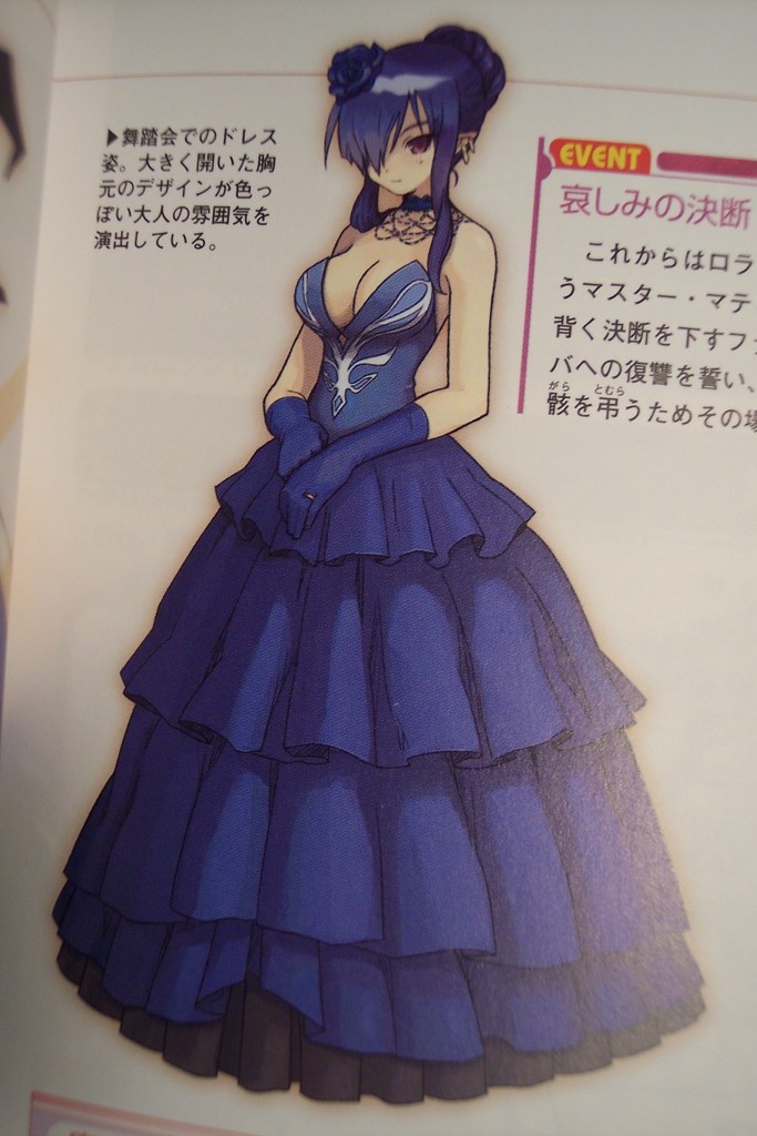 bare_shoulders, blue_hair, breasts, choker, cleavage, double_bun, dress, earrings