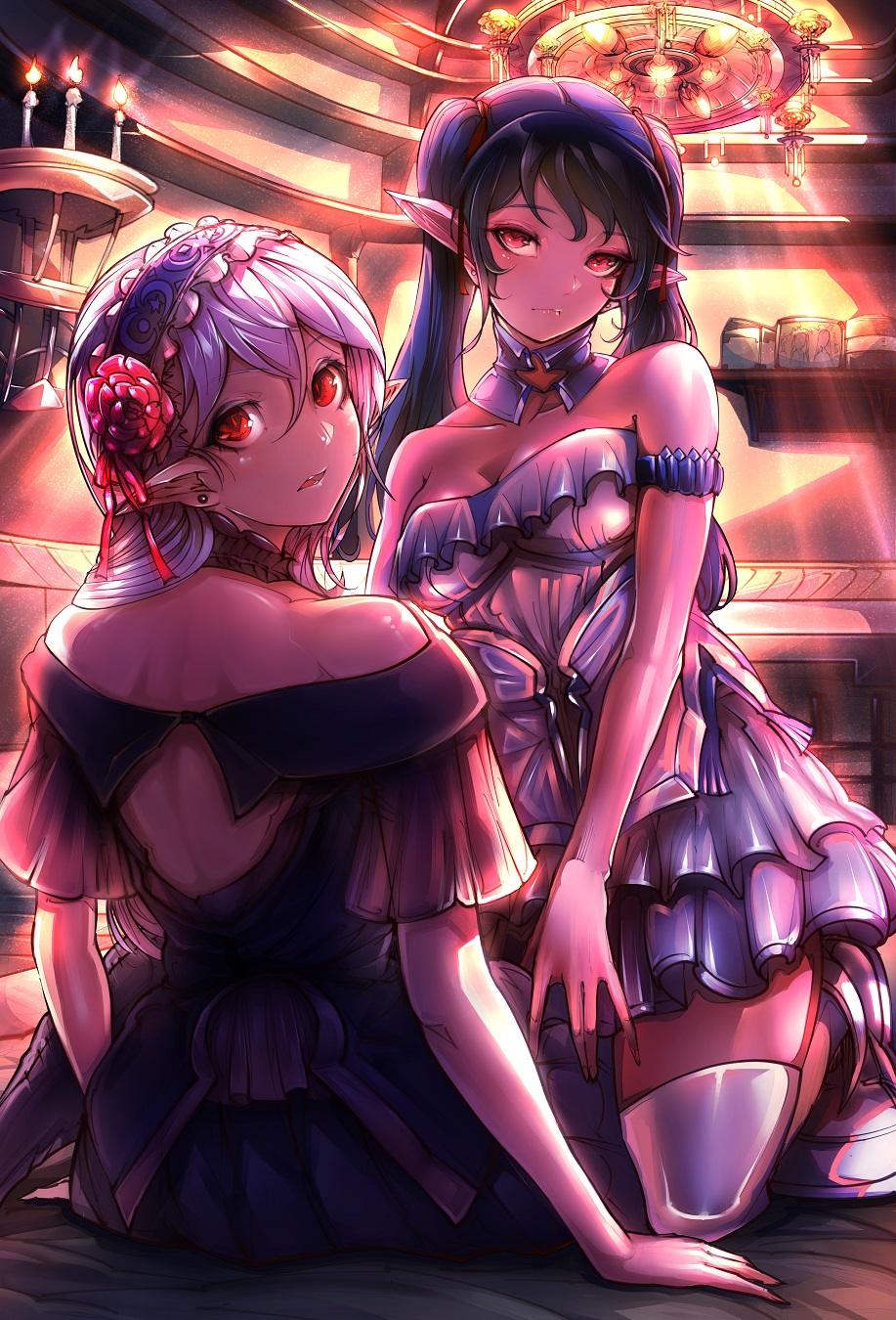 2girls, bare_shoulders, black_dress, black_hair, blush, breasts, candle, cleavage