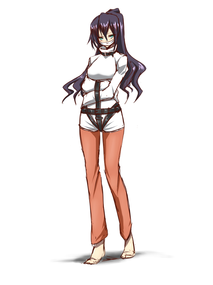 1girl, akuma_no_riddle, barefoot, blue_eyes, bondage, gagged, long_hair, maron_(kagamikunn), pants, ponytail, purple_hair, straitjacket, takechi_otoya