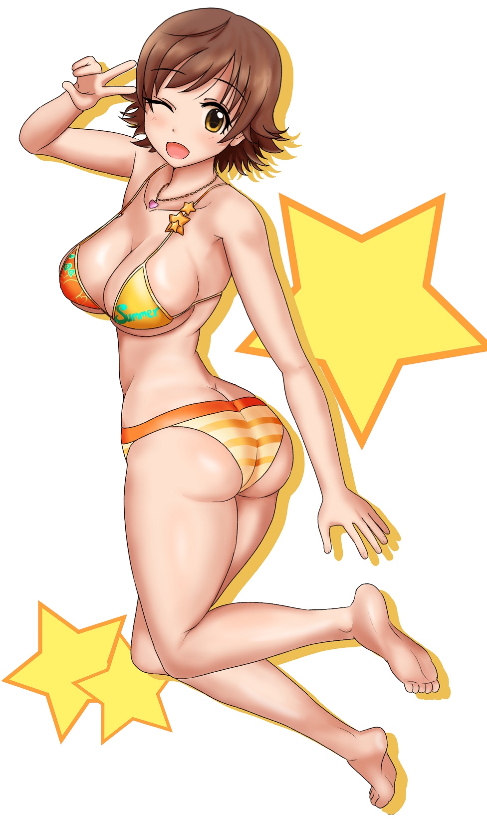 1girl, ass, barefoot, bikini, brown_eyes, brown_hair, highres, honda_mio, idolmaster, idolmaster_cinderella_girls, jewelry, looking_at_viewer, necklace, one_eye_closed, open_mouth, otohukebonne, short_hair, star, swimsuit, v_over_eye, yellow_bikini