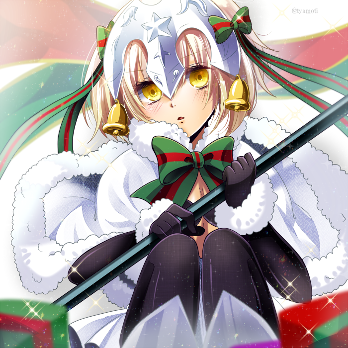 1girl, bell, black_gloves, blonde_hair, blush, capelet, chains, chamochi, elbow_gloves, fate/apocrypha, fate/grand_order, fate_(series), gloves, hair_ribbon, headpiece, helmet, jeanne_alter, jeanne_alter_(santa_lily)_(fate), looking_at_viewer, polearm, ribbon, ruler_(fate/apocrypha), short_hair, solo, spear, thigh-highs, weapon, yellow_eyes