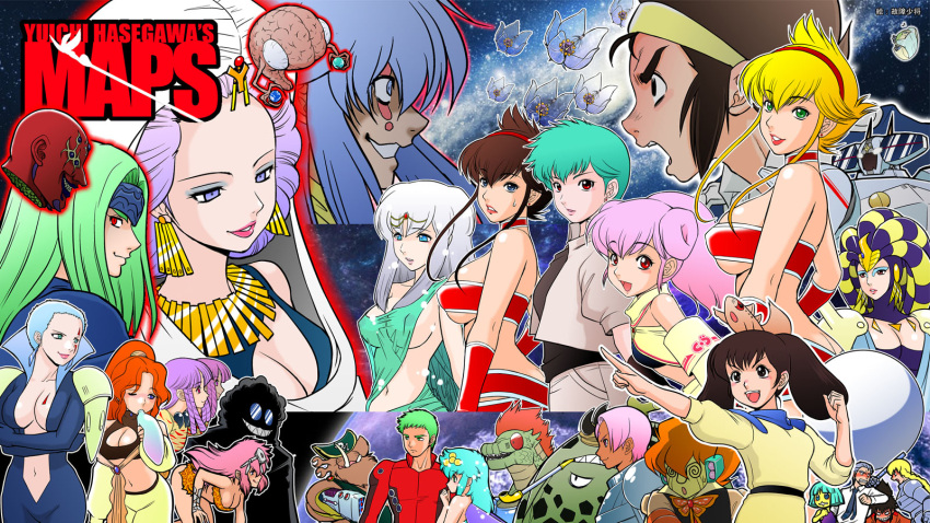 6+boys, 6+girls, annotation_request, blonde_hair, blue_eyes, blue_hair, brain, breasts, brown_eyes, brown_hair, character_request, cleavage, crossed_arms, dark_skin, erect_nipples, everyone, facial_mark, frown, green_eyes, green_hair, grin, hairband, highres, kinsyokamei, large_breasts, leopard_print, lips, lipumira, long_hair, maps, multiple_boys, multiple_girls, one_eye_closed, orange_hair, pink_hair, pointing, profile, purple_hair, red_eyes, short_hair, silver_hair, smile, tokishima_gen, twintails