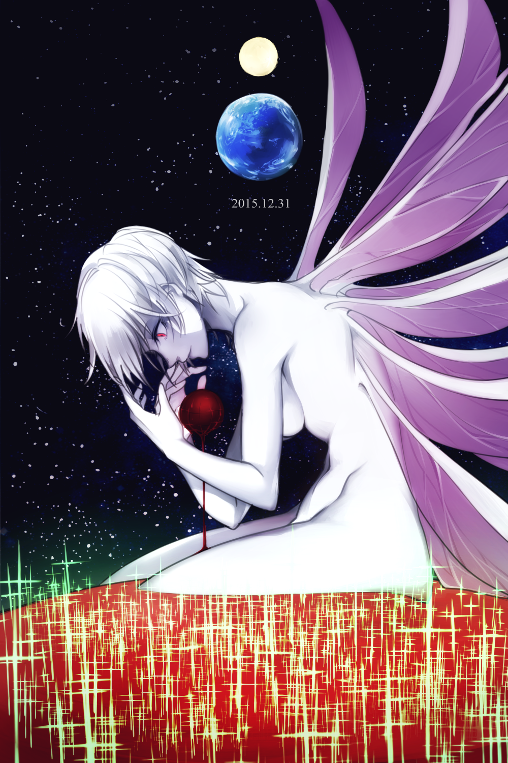 1girl, ayanami_rei, breasts, dated, earth, end_of_evangelion, from_side, highres, lilith_(ayanami_rei), medium_breasts, multiple_wings, navel, neon_genesis_evangelion, nude, partially_submerged, red_eyes, sahra3721, short_hair, sideboob, solo, space, star_(sky), sun, white_hair, white_skin, wings