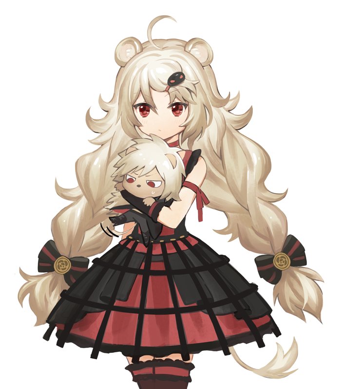 1boy, 1girl, ahoge, aion_(show_by_rock!!), aireen_(show_by_rock!!), animal_ears, black_gloves, blonde_hair, blush, bow, braid, dagger_morse, dress, elbow_gloves, gloves, hair_bow, hair_ornament, hairclip, holding, long_hair, looking_down, red_eyes, show_by_rock!!, sweatdrop, twin_braids