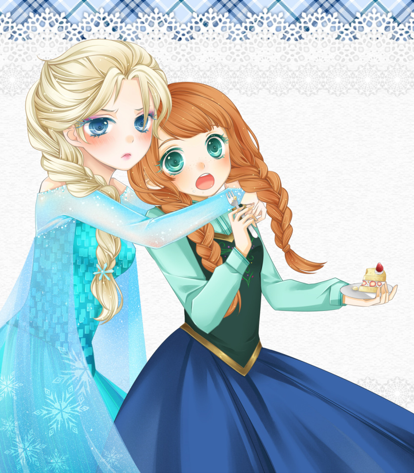2girls, blue_eyes, blushing, cake, dress, duo, frozen_(disney), ginger_hair