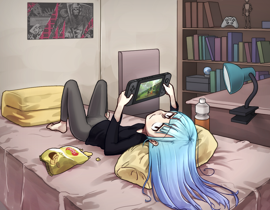 1girl, barefoot, bed, bed_sheet, blue_hair, bottle, chips, controller, death_(entity), desk, desk_lamp, despair_(artist), food, game_controller, gradient_hair, handheld_game_console, indoors, jitome, joy-con, knees_up, lamp, leggings, long_hair, long_sleeves, looking_at_viewer, lying, multicolored_hair, nintendo_switch, on_back, original, pillow, playing_games, poster_(object), potato_chips, skull, smile, snow_globe, solo, sweater, the_legend_of_zelda, the_legend_of_zelda:_breath_of_the_wild, upside-down