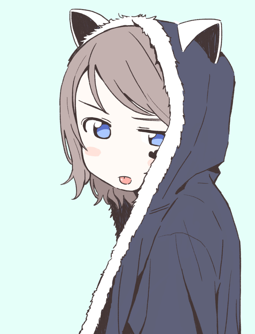 1girl, animal_hood, aqua_background, blue_eyes, blush_stickers, brown_hair, facial_mark, from_side, gamjolno, highres, hood, hoodie, looking_at_viewer, love_live!, love_live!_sunshine!!, short_hair, solo, tongue, tongue_out, watanabe_you