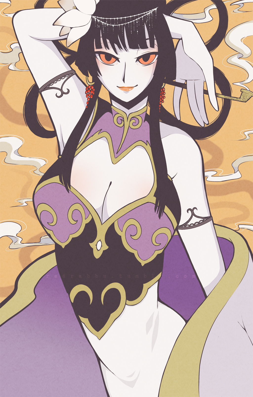 1girl, arm_up, armlet, black_hair, cleavage_cutout, earrings, flower, hair_flower, hair_ornament, highres, ichihara_yuuko, jewelry, kiseru, lipstick, long_hair, lotus, makeup, orange_background, pale_skin, pipe, red_eyes, red_lips, red_lipstick, redrabbu, simple_background, smile, smoke, solo, upper_body, xxxholic