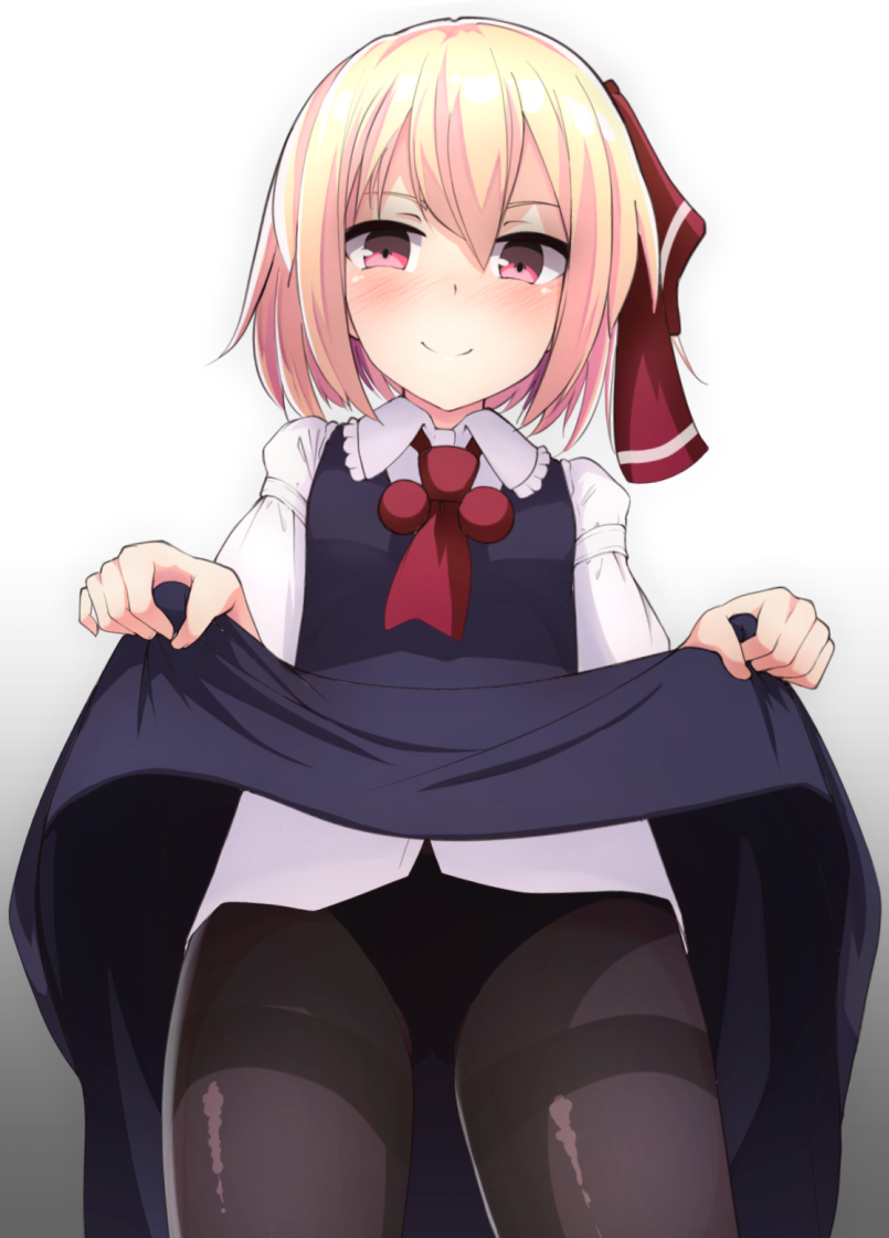 1girl, black_legwear, black_panties, black_skirt, black_vest, blonde_hair, blush, closed_mouth