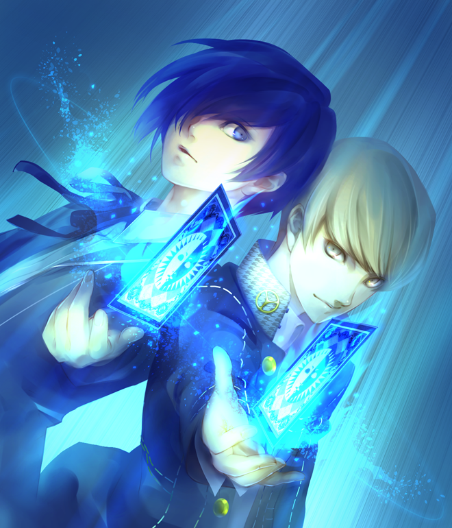 2boys, arisato_minato, black_jacket, blue_background, blue_eyes, blue_hair, buttons, collared_shirt