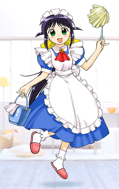 blue_hair, bucket, feather_duster, green_eyes, long_hair, mahoromatic, maid, pail