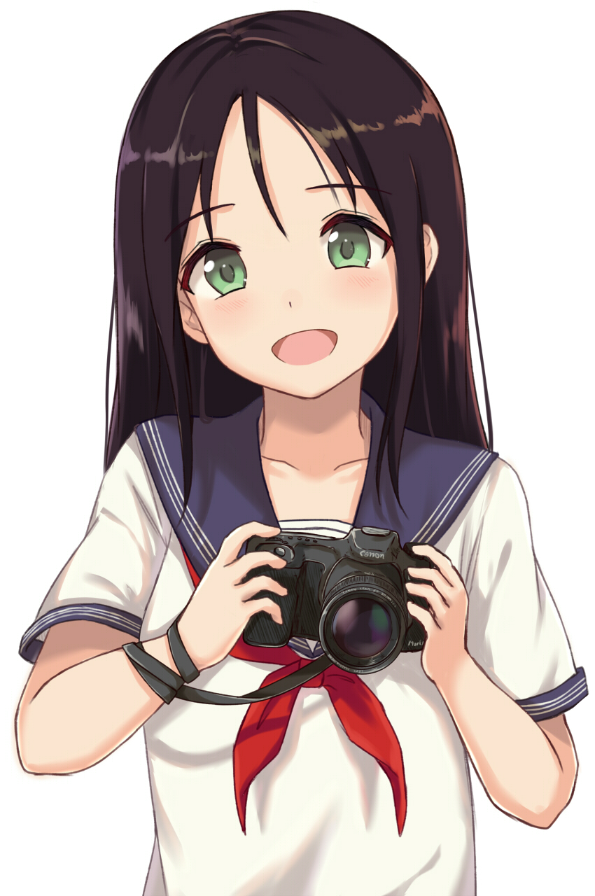 1girl, bangs, black_hair, blush, camera, canon_(company), collarbone, commentary