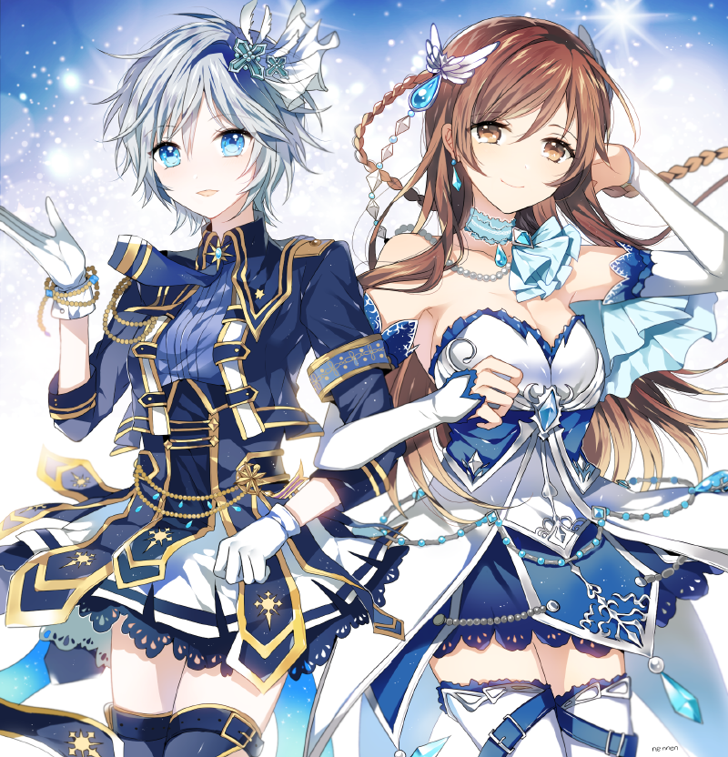2girls, anastasia_(idolmaster), blue_eyes, braid, breasts, brown_eyes, brown_hair, detached_sleeves