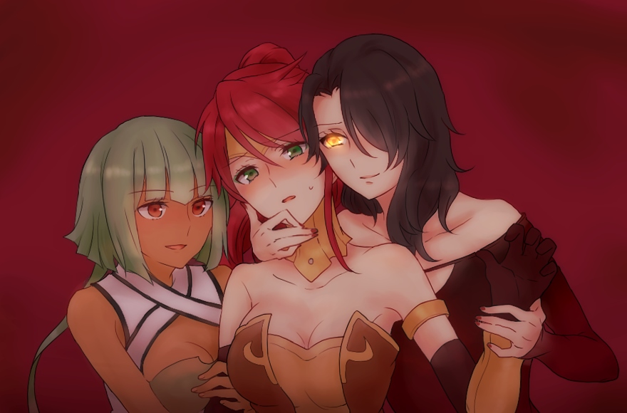 3girls, :d, :o, arm_grab, arm_hug, armlet, bare_shoulders, black_gloves, black_hair, blush, breasts, cinder_fall, cleavage, cleavage_cutout, collarbone, dark_skin, elbow_gloves, emerald_sustrai, female, girl_sandwich, gloves, glowing_eyes, grabbing, grabbing_from_behind, green_eyes, green_hair, hair_over_one_eye, head_tilt, highres, hug, jewelry, large_breasts, long_hair, looking_at_another, merry_(168cm), multiple_girls, nail_polish, open_mouth, ponytail, pyrrha_nikos, red_background, red_eyes, red_nails, redhead, rwby, sandwiched, shy, smile, strapless, sweat, tiara, upper_body, wrist_grab, yellow_eyes, yuri