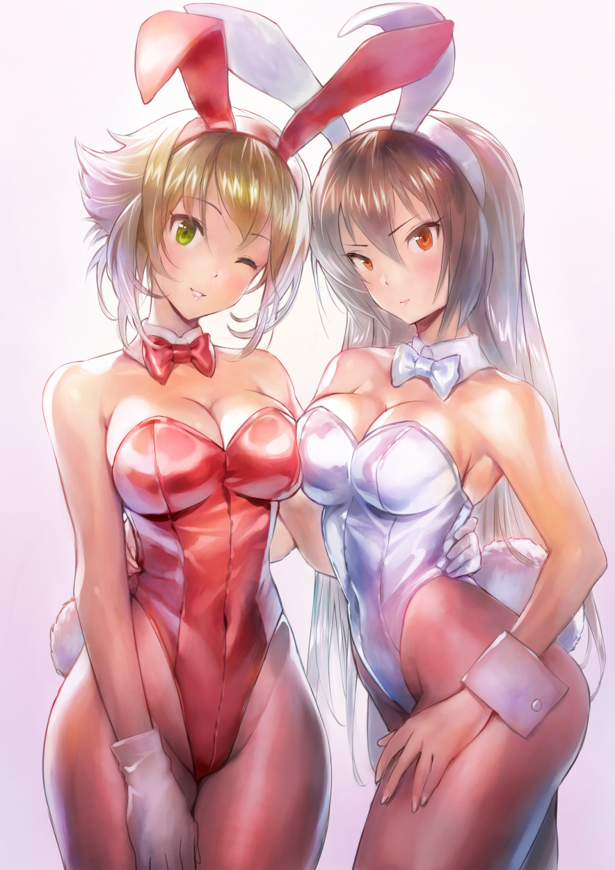 2girls, animal_ears, bare_shoulders, bow, bowtie, breasts, brown_hair, bunny_girl