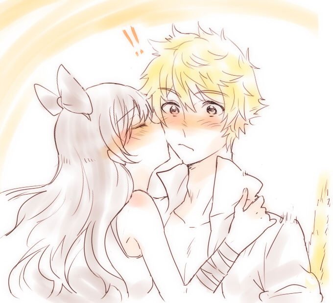 1boy, 1girl, black_hair, blake_belladonna, blonde_hair, blush, cheek_kiss, kiss