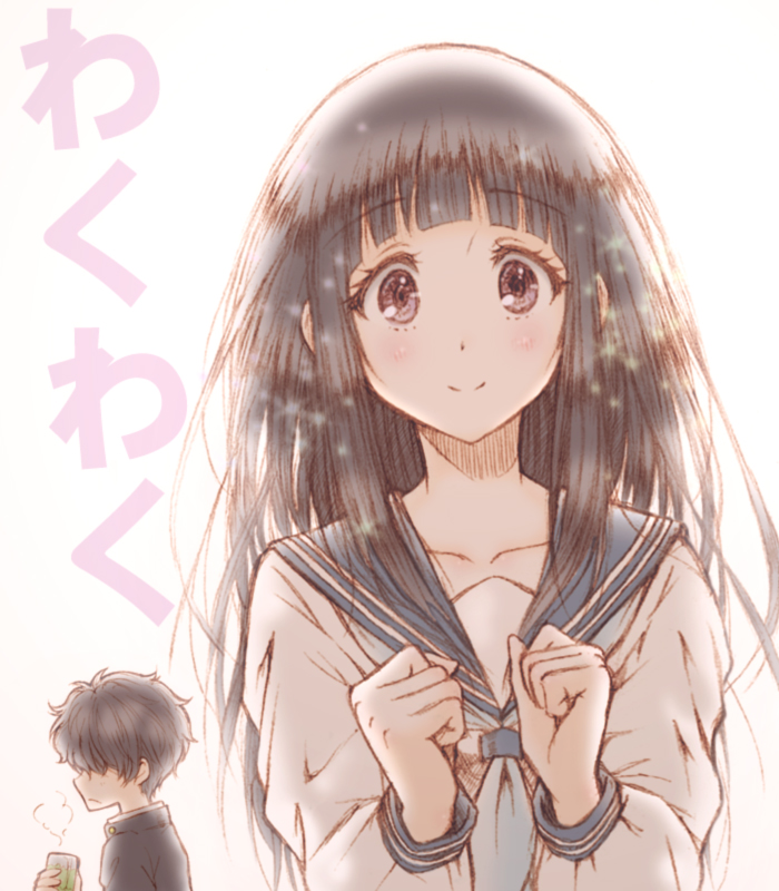 1boy, 1girl, bangs, black_hair, blue_neckerchief, bluez, blunt_bangs, chitanda_eru