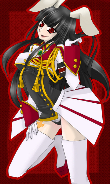 animal_ears, armband, black_hair, boots, rabbit_ears, cosplay, lucifer, red_eyes